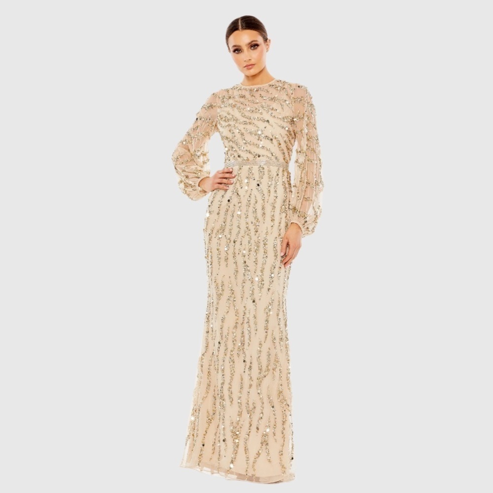 MAC DUGGAL 93789 NWT Embellished High Neck Puff Sleeve Trumpet Gown